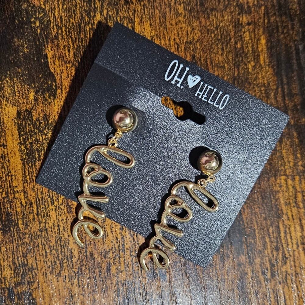 Oh Hello Gold Tone Love Script Dangle Earrings Romantic Y2K Deadstock NWT